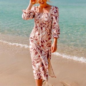 House of Harlow Linen blend  Long Sleeve Cottagecore Floral Midi Dress